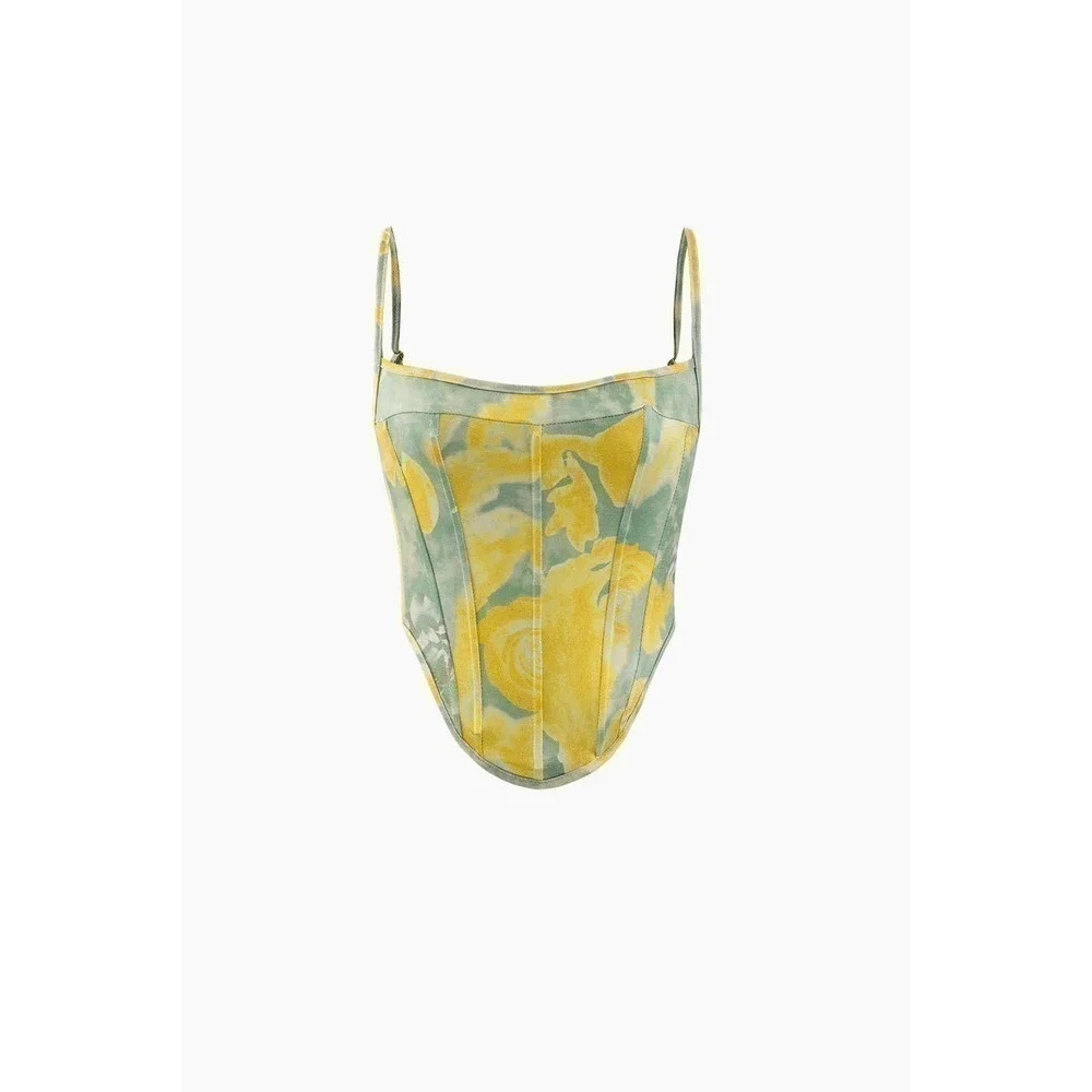 Corset and Cami Top And Mini Skirt Set Yellow Abstract Floral Print - Picture 2 of 5